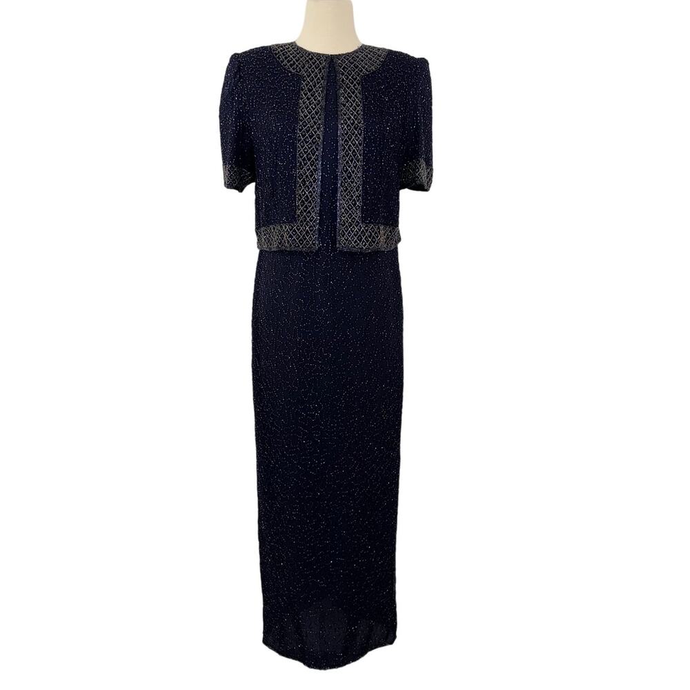 Brilliante by JA Fully Beaded Silk Maxi Evening Dress Navy Blue Formal Size M